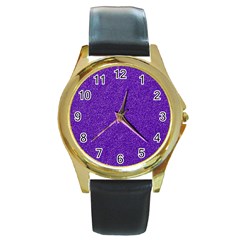 Festive Purple Glitter Texture Round Gold Metal Watch by yoursparklingshop