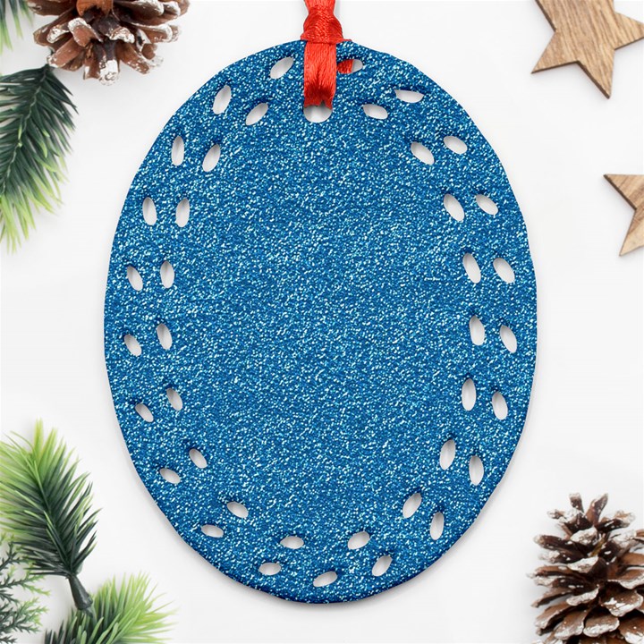 Festive Blue Glitter Texture Oval Filigree Ornament (2-Side) 