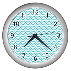 Blue White Chevron Wall Clocks (silver)  by yoursparklingshop