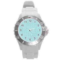 Blue White Chevron Round Plastic Sport Watch (l) by yoursparklingshop