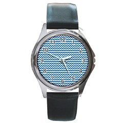 Dark Blue White Chevron  Round Metal Watch by yoursparklingshop