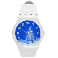 Blue White Christmas Tree Round Plastic Sport Watch (m) by yoursparklingshop