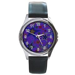 Purple Christmas Party Stars Round Metal Watch by yoursparklingshop