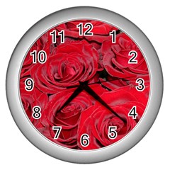 Red Love Roses Wall Clocks (silver)  by yoursparklingshop