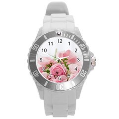 Romantic Pink Flowers Round Plastic Sport Watch (l) by yoursparklingshop