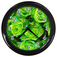 Festive Green Glitter Roses Valentine Love  Wall Clocks (black) by yoursparklingshop