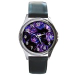 Purple Glitter Roses Valentine Love Round Metal Watch Front