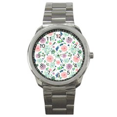 Hand Painted Spring Flourishes Flowers Pattern Sport Metal Watch by TastefulDesigns