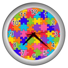 Funny Colorful Jigsaw Puzzle Wall Clocks (silver)  by yoursparklingshop