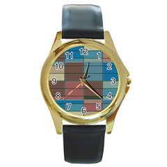 Rectangles In Retro Colors Pattern                      			round Gold Metal Watch by LalyLauraFLM