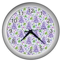 Liliac Flowers And Leaves Pattern Wall Clocks (silver)  by TastefulDesigns