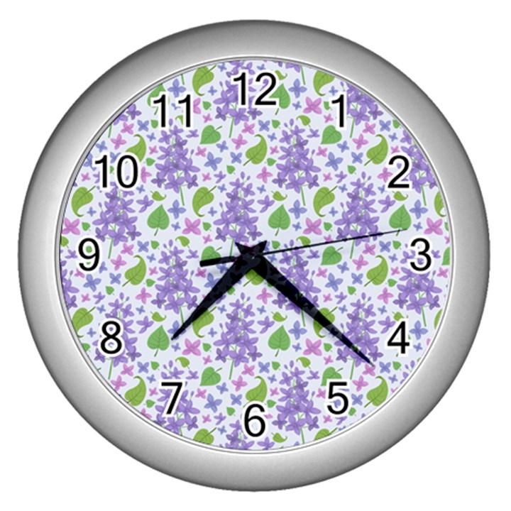 liliac flowers and leaves Pattern Wall Clocks (Silver) 