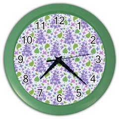 Liliac Flowers And Leaves Pattern Color Wall Clocks by TastefulDesigns