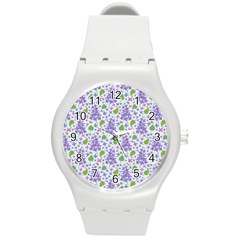 Liliac Flowers And Leaves Pattern Round Plastic Sport Watch (m) by TastefulDesigns