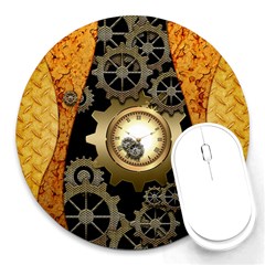 Steampunk Golden Design With Clocks And Gears Round Mousepads by FantasyWorld7