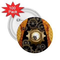 Steampunk Golden Design With Clocks And Gears 2 25  Buttons (100 Pack)  by FantasyWorld7