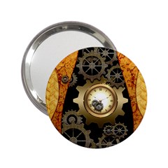 Steampunk Golden Design With Clocks And Gears 2 25  Handbag Mirrors by FantasyWorld7