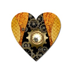 Steampunk Golden Design With Clocks And Gears Heart Magnet by FantasyWorld7