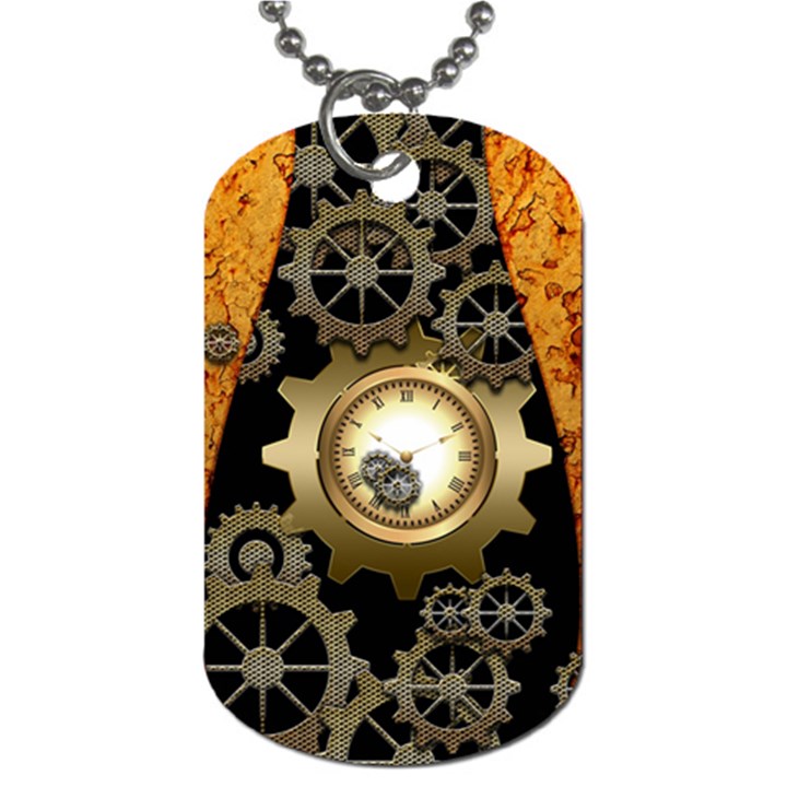 Steampunk Golden Design With Clocks And Gears Dog Tag (One Side)