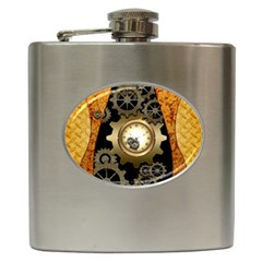 Steampunk Golden Design With Clocks And Gears Hip Flask (6 Oz) by FantasyWorld7