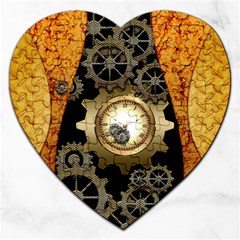 Steampunk Golden Design With Clocks And Gears Jigsaw Puzzle (heart) by FantasyWorld7