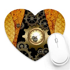 Steampunk Golden Design With Clocks And Gears Heart Mousepads by FantasyWorld7