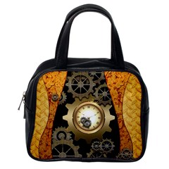 Steampunk Golden Design With Clocks And Gears Classic Handbags (one Side) by FantasyWorld7