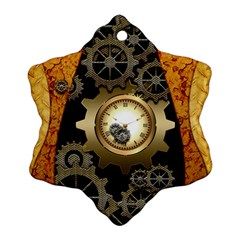 Steampunk Golden Design With Clocks And Gears Snowflake Ornament (2-side) by FantasyWorld7