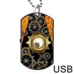 Steampunk Golden Design With Clocks And Gears Dog Tag Usb Flash (two Sides)  by FantasyWorld7