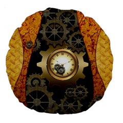 Steampunk Golden Design With Clocks And Gears Large 18  Premium Round Cushions by FantasyWorld7