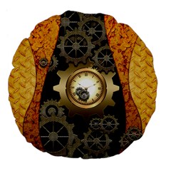 Steampunk Golden Design With Clocks And Gears Large 18  Premium Flano Round Cushions by FantasyWorld7