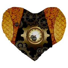 Steampunk Golden Design With Clocks And Gears Large 19  Premium Flano Heart Shape Cushions by FantasyWorld7