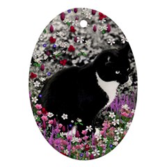 Freckles In Flowers Ii, Black White Tux Cat Ornament (oval)  by DianeClancy