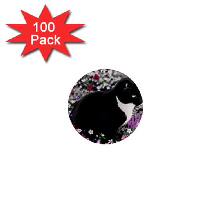 Freckles In Flowers Ii, Black White Tux Cat 1  Mini Magnets (100 pack) 