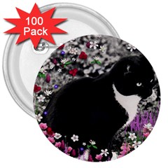 Freckles In Flowers Ii, Black White Tux Cat 3  Buttons (100 Pack)  by DianeClancy