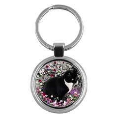 Freckles In Flowers Ii, Black White Tux Cat Key Chains (round)  by DianeClancy