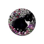 Freckles In Flowers Ii, Black White Tux Cat Rubber Round Coaster (4 pack)  Front