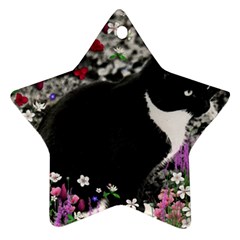 Freckles In Flowers Ii, Black White Tux Cat Star Ornament (two Sides)  by DianeClancy