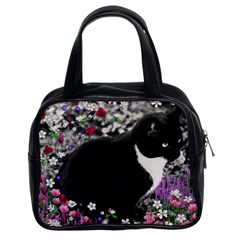 Freckles In Flowers Ii, Black White Tux Cat Classic Handbags (2 Sides) by DianeClancy