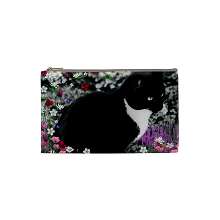 Freckles In Flowers Ii, Black White Tux Cat Cosmetic Bag (Small) 