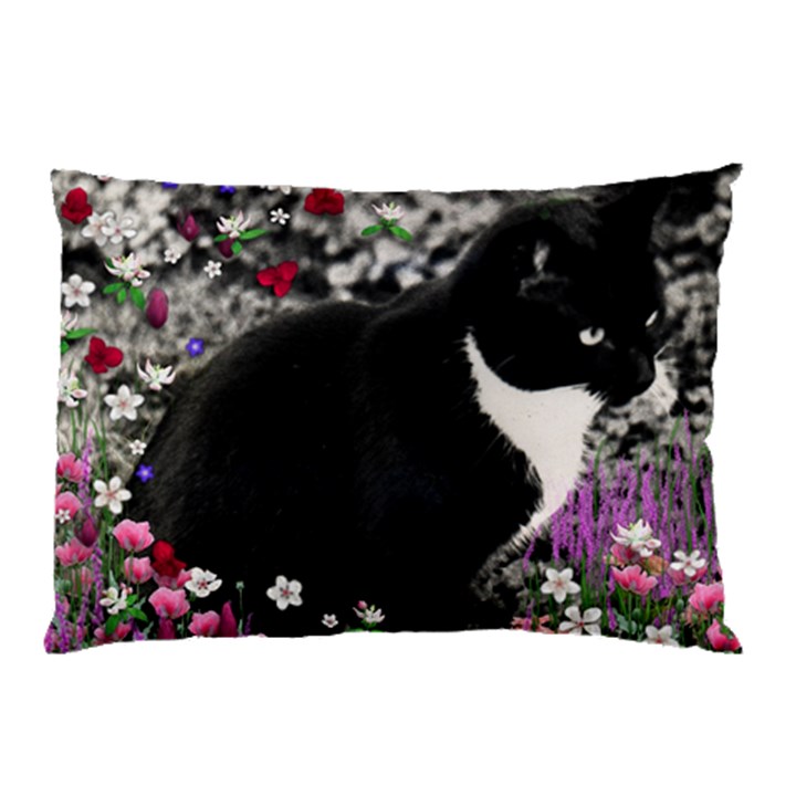 Freckles In Flowers Ii, Black White Tux Cat Pillow Case (Two Sides)