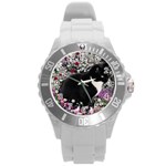 Freckles In Flowers Ii, Black White Tux Cat Round Plastic Sport Watch (L) Front