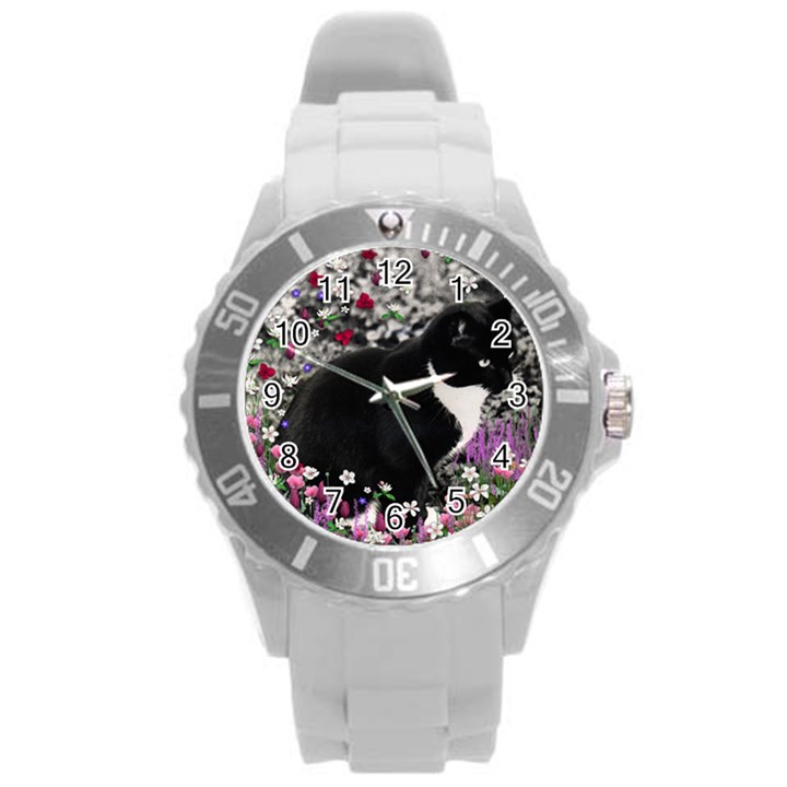 Freckles In Flowers Ii, Black White Tux Cat Round Plastic Sport Watch (L)