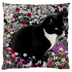 Freckles In Flowers Ii, Black White Tux Cat Large Cushion Case (two Sides) by DianeClancy