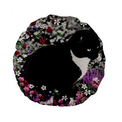 Freckles In Flowers Ii, Black White Tux Cat Standard 15  Premium Round Cushions by DianeClancy