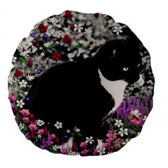 Freckles In Flowers Ii, Black White Tux Cat Large 18  Premium Round Cushions by DianeClancy