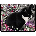 Freckles In Flowers Ii, Black White Tux Cat Double Sided Fleece Blanket (Medium)  58.8 x47.4  Blanket Front