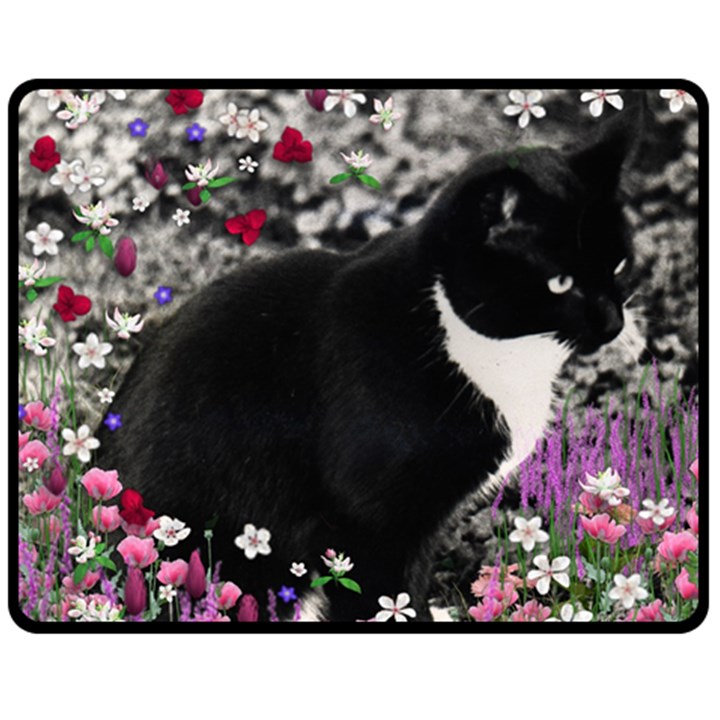 Freckles In Flowers Ii, Black White Tux Cat Double Sided Fleece Blanket (Medium) 