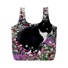 Freckles In Flowers Ii, Black White Tux Cat Full Print Recycle Bags (m)  by DianeClancy