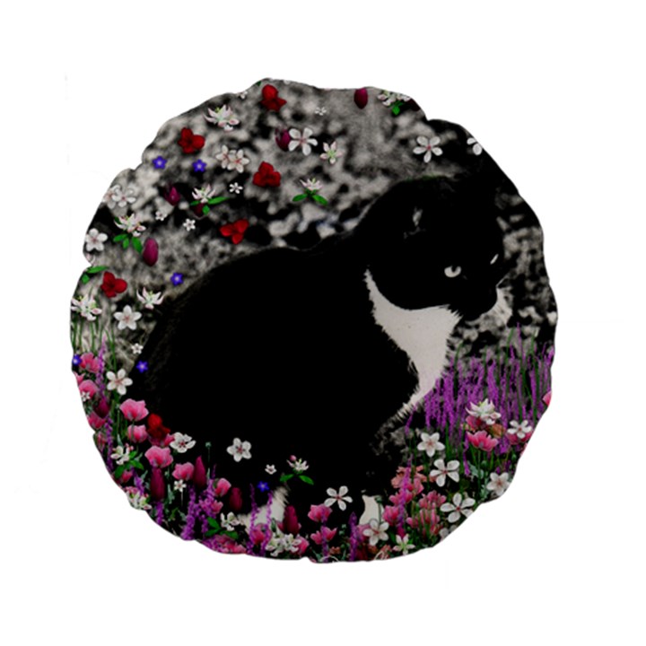 Freckles In Flowers Ii, Black White Tux Cat Standard 15  Premium Flano Round Cushions